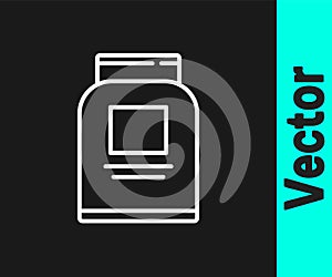 White line Sports nutrition bodybuilding proteine power drink and food icon isolated on black background. Vector