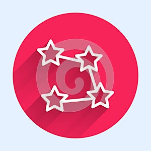 White line Star constellation zodiac icon isolated with long shadow background. Red circle button. Vector