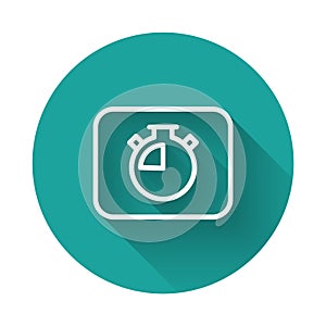 White line Stopwatch icon isolated with long shadow background. Time timer sign. Chronometer sign. Green circle button