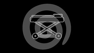 White line Stretcher icon isolated on black background. Patient hospital medical stretcher. 4K Video motion graphic
