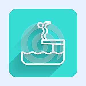 White line Swimmer diving into pool icon isolated with long shadow background. Green square button. Vector