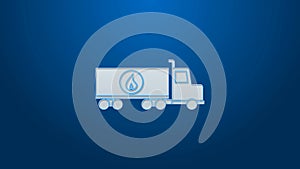 White line Tanker truck icon isolated on blue background. Petroleum tanker, petrol truck, cistern, oil trailer. 4K Video