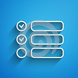 White line Task list icon isolated on blue background. Control list symbol. Survey poll or questionnaire feedback form