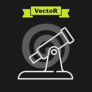 White line Telescope icon isolated on black background. Scientific tool. Education and astronomy element, spyglass and