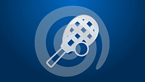 White line Tennis racket with ball icon isolated on blue background. Sport equipment. 4K Video motion graphic animation