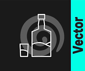 White line Tequila bottle and shot glass icon isolated on black background. Mexican alcohol drink. Vector