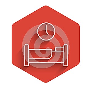 White line Time to sleep icon isolated with long shadow. Red hexagon button. Vector