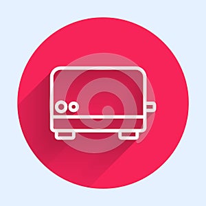 White line Toaster icon isolated with long shadow. Red circle button. Vector