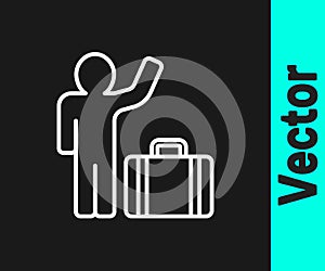 White line Tourist with suitcase icon isolated on black background. Travelling, vacation, tourism concept. Vector