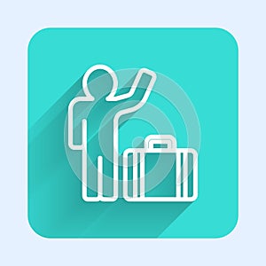 White line Tourist with suitcase icon isolated with long shadow background. Travelling, vacation, tourism concept. Green