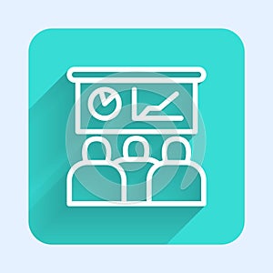 White line Training, presentation icon isolated with long shadow. Green square button. Vector