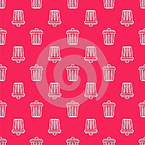 White line Trash can icon isolated seamless pattern on red background. Garbage bin sign. Recycle basket icon. Office