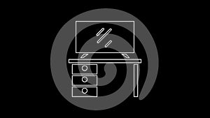 White line TV table stand icon isolated on black background. 4K Video motion graphic animation