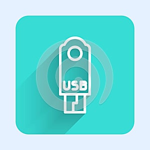 White line USB flash drive icon isolated with long shadow. Green square button. Vector Illustration