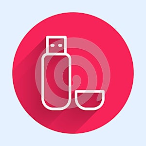 White line USB flash drive icon isolated with long shadow. Red circle button. Vector Illustration