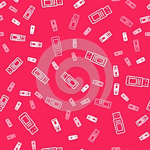 White line USB flash drive icon isolated seamless pattern on red background. Vector