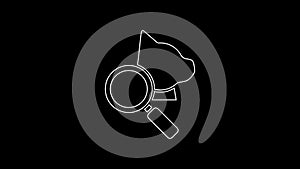 White line Veterinary clinic symbol icon isolated on black background. Magnifying glass with cat veterinary care. Pet