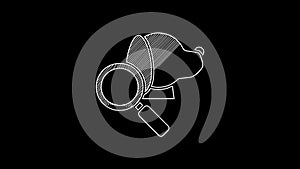 White line Veterinary clinic symbol icon isolated on black background. Magnifying glass with dog veterinary care. Pet