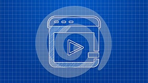 White line Video advertising icon isolated on blue background. Concept of marketing and promotion process. Responsive