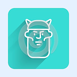 White line Viking head icon isolated with long shadow background. Green square button. Vector