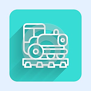 White line Vintage locomotive icon isolated with long shadow. Steam locomotive. Green square button. Vector