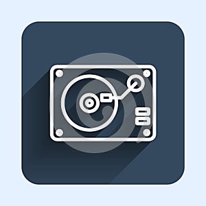 White line Vinyl player with a vinyl disk icon isolated with long shadow background. Blue square button. Vector