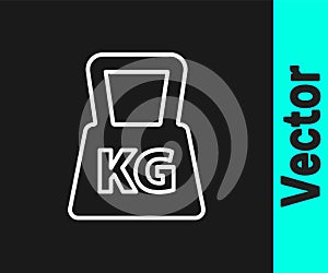 White line Weight icon isolated on black background. Kilogram weight block for weight lifting and scale. Mass symbol