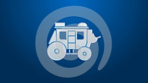 White line Western stagecoach icon isolated on blue background. 4K Video motion graphic animation