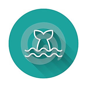 White line Whale tail in ocean wave icon isolated with long shadow background. Green circle button. Vector