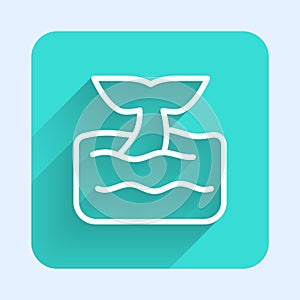 White line Whale tail in ocean wave icon isolated with long shadow. Green square button. Vector