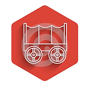 White line Wild west covered wagon icon isolated with long shadow. Red hexagon button. Vector