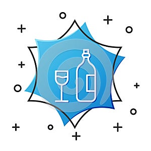 White line Wine bottle with wine glass icon isolated on white background. Happy Easter. Blue hexagon button. Vector