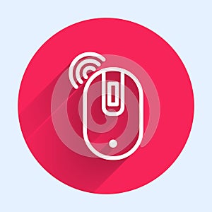 White line Wireless computer mouse icon isolated with long shadow. Optical with wheel symbol. Red circle button. Vector