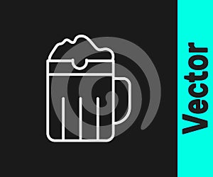 White line Wooden beer mug icon isolated on black background. Vector