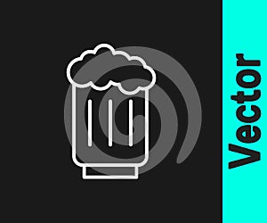 White line Wooden beer mug icon isolated on black background. Vector