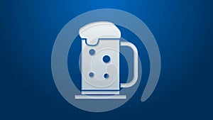 White line Wooden beer mug icon isolated on blue background. 4K Video motion graphic animation