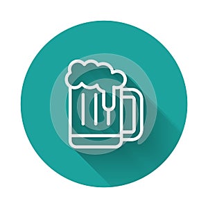 White line Wooden beer mug icon isolated with long shadow background. Green circle button. Vector
