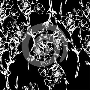 White lined sakura hand drawn seamless pattern on black background. Vector botanical background.