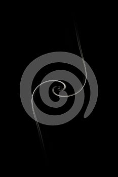 White lines on a black background. Two curved lines cut into a swirl. Abstract illustration