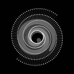 White lines and dots in spiral over black background. Yin and Yang symbol. Art line geometric design