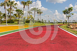 White lines of stadium and texture of running racetrack red rubber racetracks in outdoor stadium