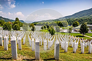 White lines of tombstones as a memorial to Srebrenica massacre in Potocari, Bosnia and Herzegovina