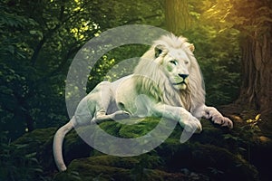 White lion lying in the green forest, generative ai