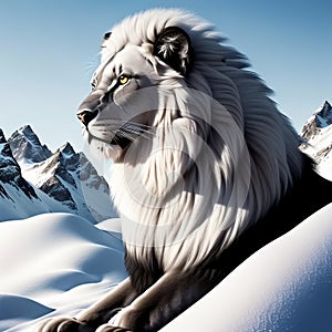 White lion on mountain background. Generative AI