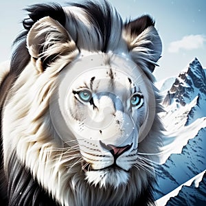 White lion on mountain background. Generative AI
