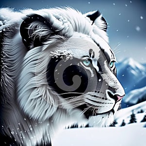 White lion on mountain background. Generative AI