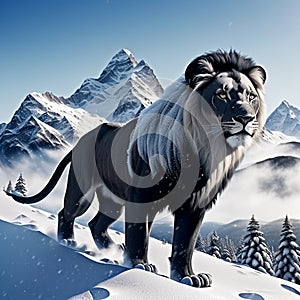 White lion on mountain background. Generative AI