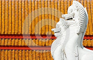 White lion statue , Buddha temple decoration