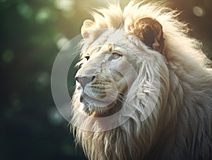 White lion. A thoughtful look into the distance. Animal Predator in the wild