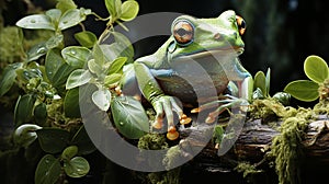 White lipped tree frog on branch. generative ai